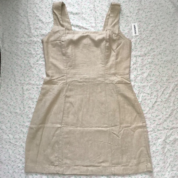 NWT Old Navy Square Neck Linen Blend Mini Dress Tan Brown M Petite - Picture 2 of 16